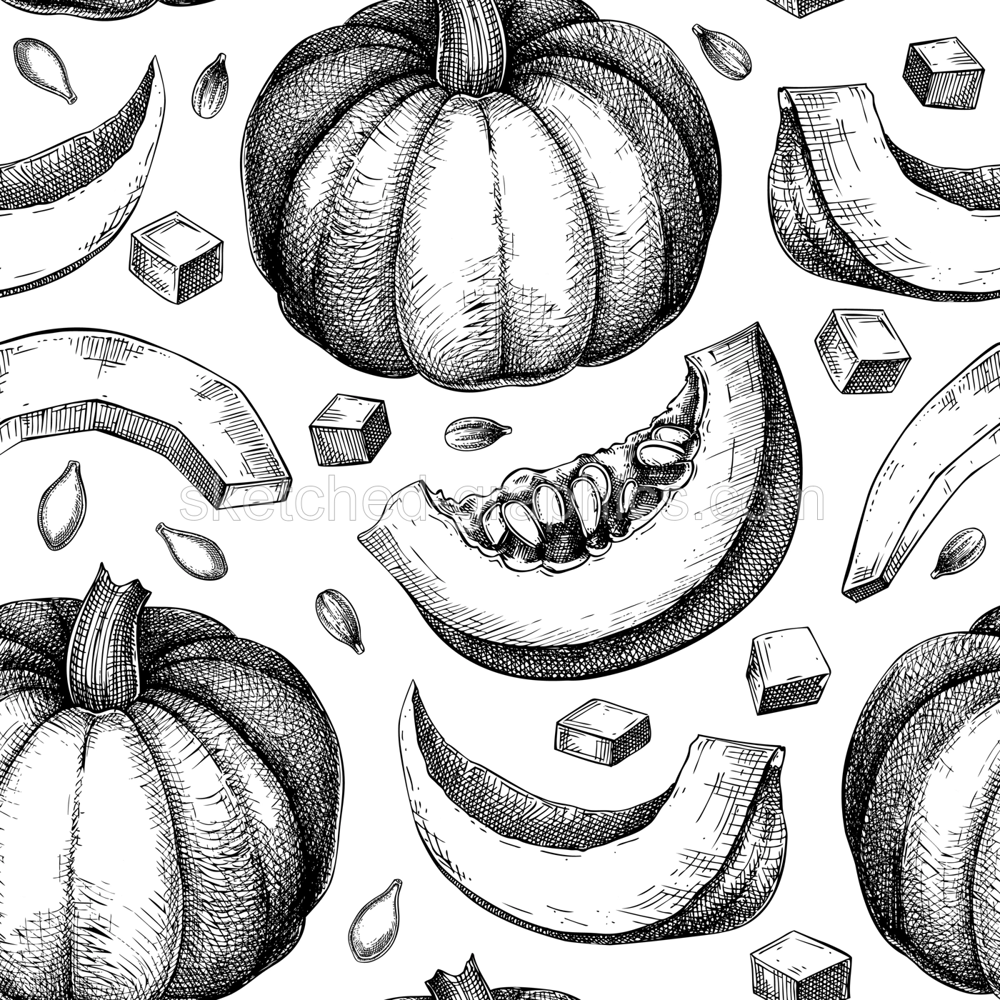 Pumpkin background. Autumn vegetables hand-drawn vector illustrations. Vintage Thanksgiving seamless pattern. NOT AI generated Illustration